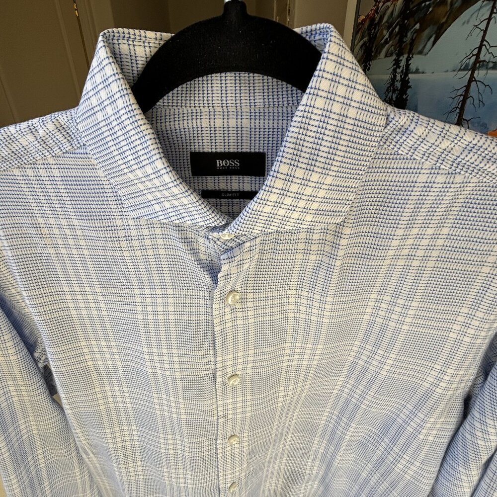 Hugo Boss White and Light Blue Checked Dress Shirt